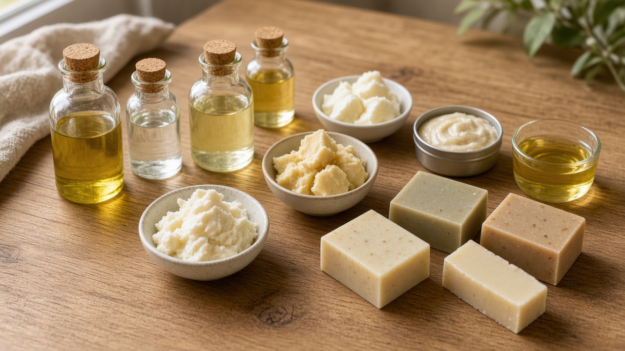Soap-making oils, butters, and handmade bars arranged on a wooden workbench