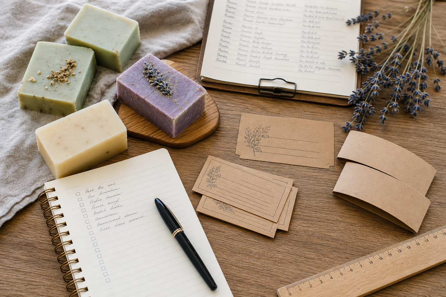 Handmade soap bars with kraft paper labels, a notebook checklist, and measuring tools on a wooden table