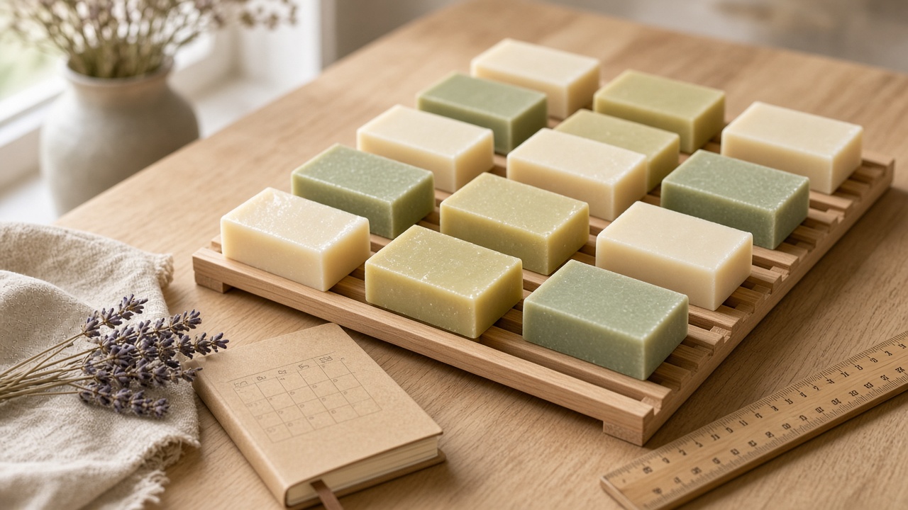 Handmade soap bars curing on wooden racks with space between them for airflow