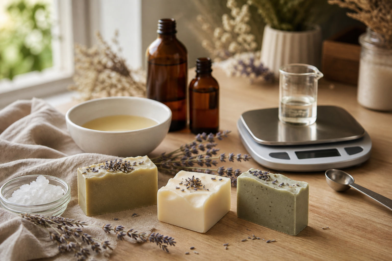 Handmade soap bars, oils, and a digital scale on a wooden soap-making table