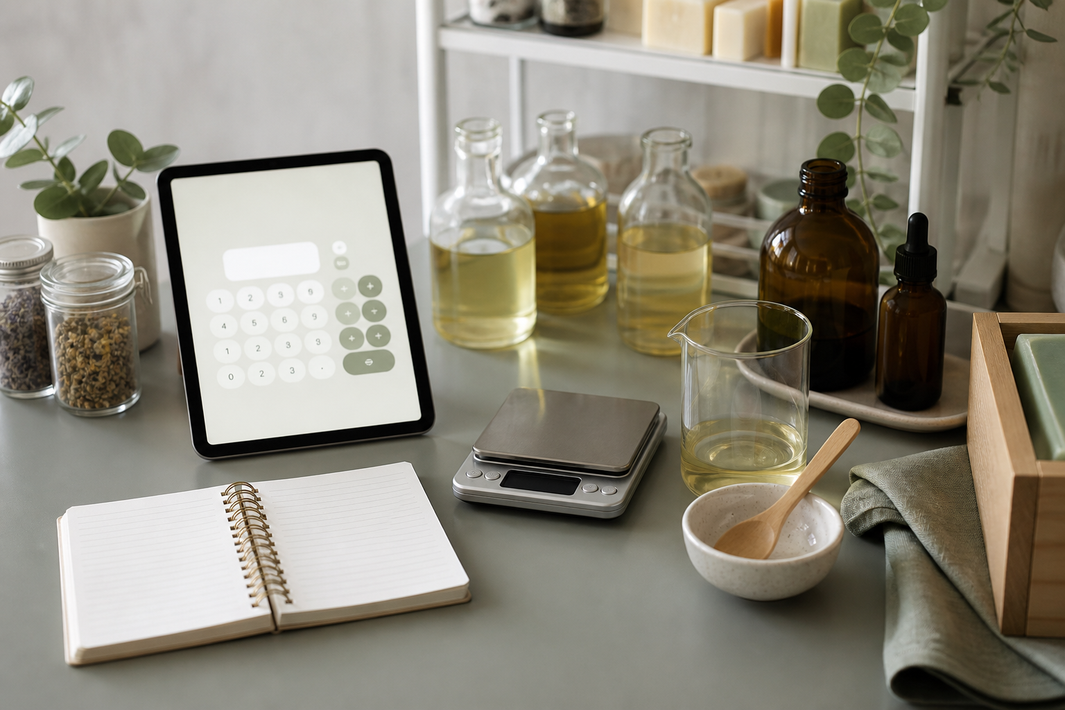 Soap-making workspace with oils, a notebook, and a calculator