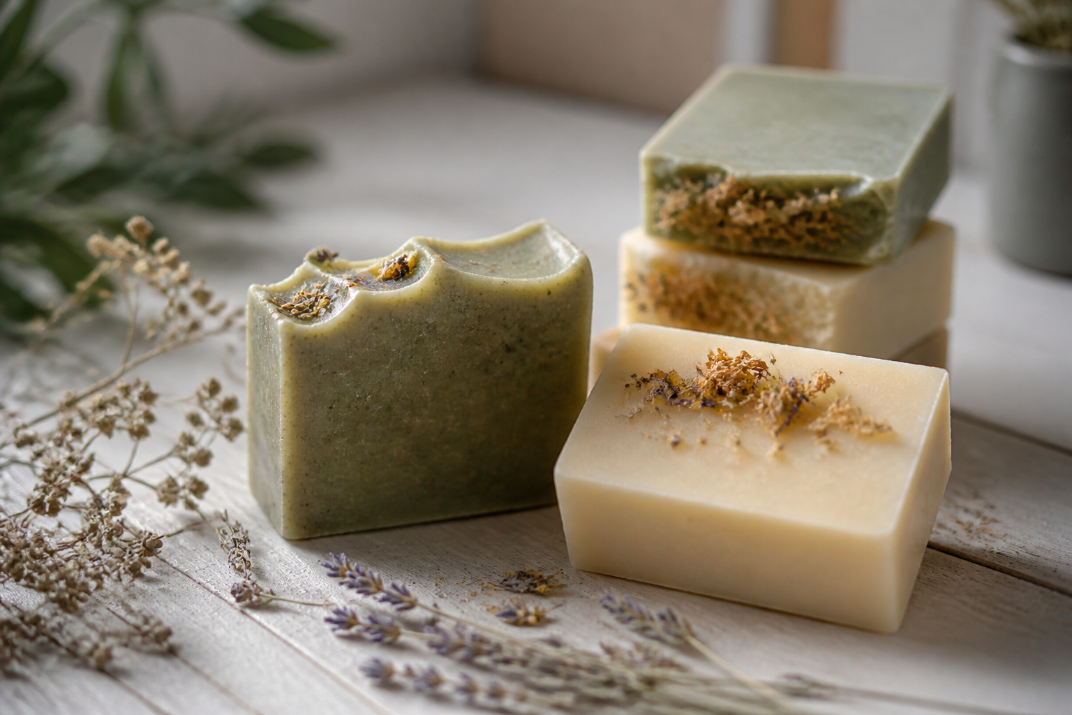 Handmade soap bars on a cream table with dried botanicals