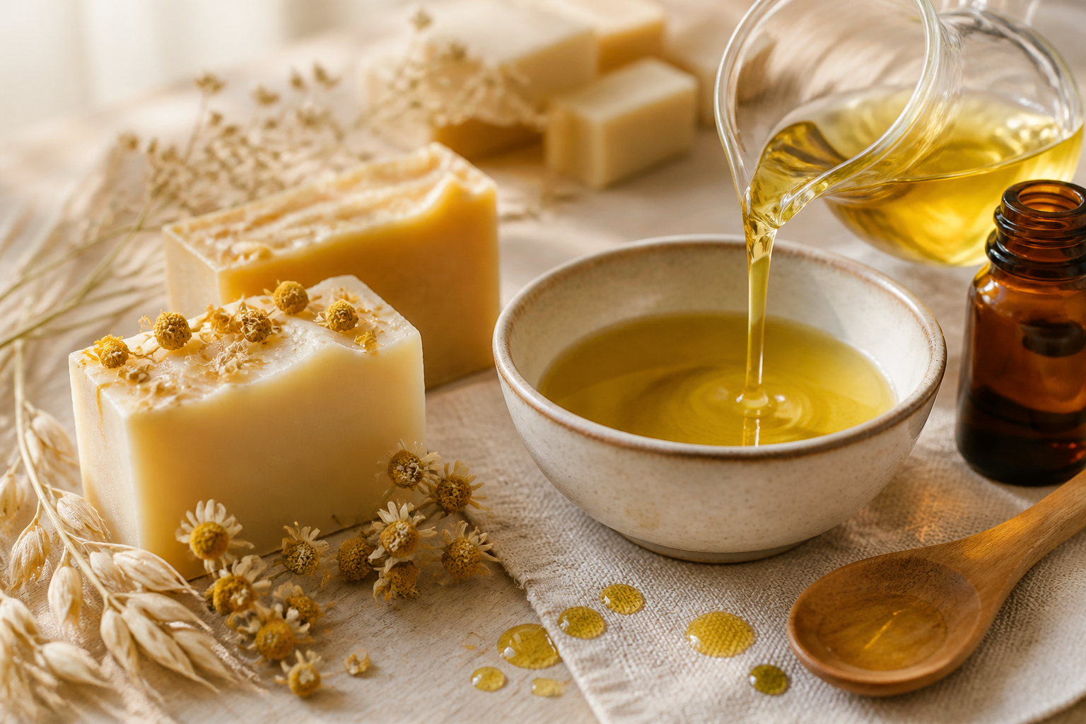 Handmade soap bars beside oils being poured on a wooden soap-making table