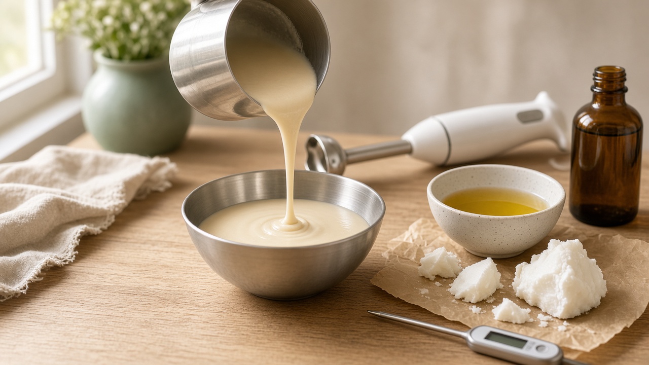 Soap batter being poured to check trace beside oils, a thermometer, and a stick blender on a wooden table